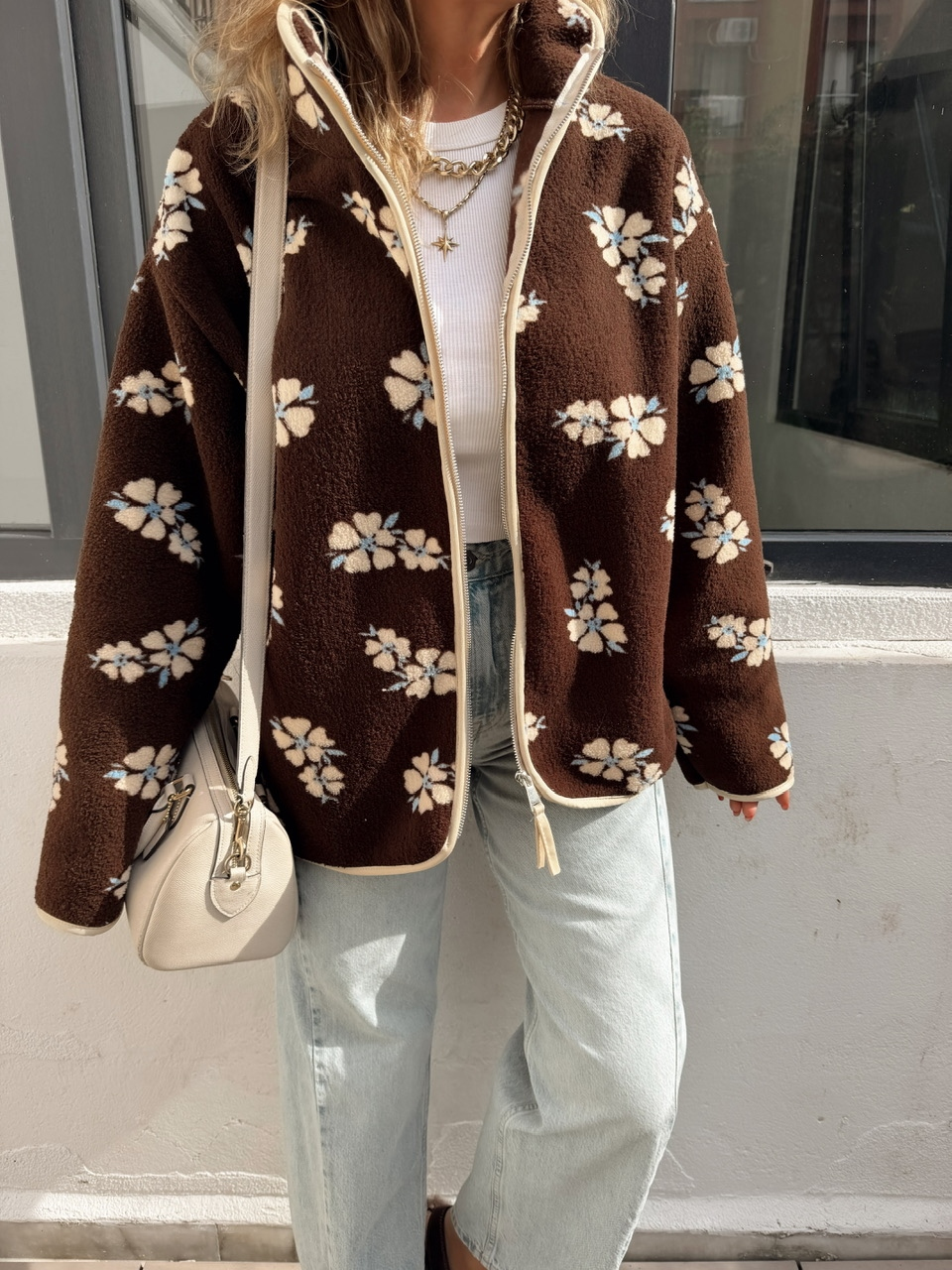 Kahve Çiçekli Teddy Mont