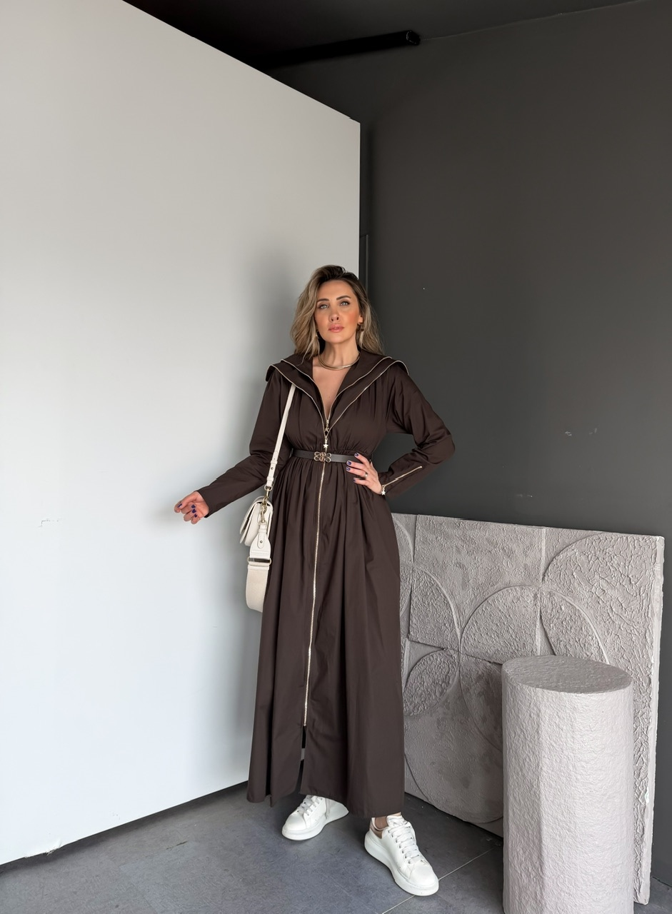 Kahve Çift Fermuarlı Kemerli Elbise