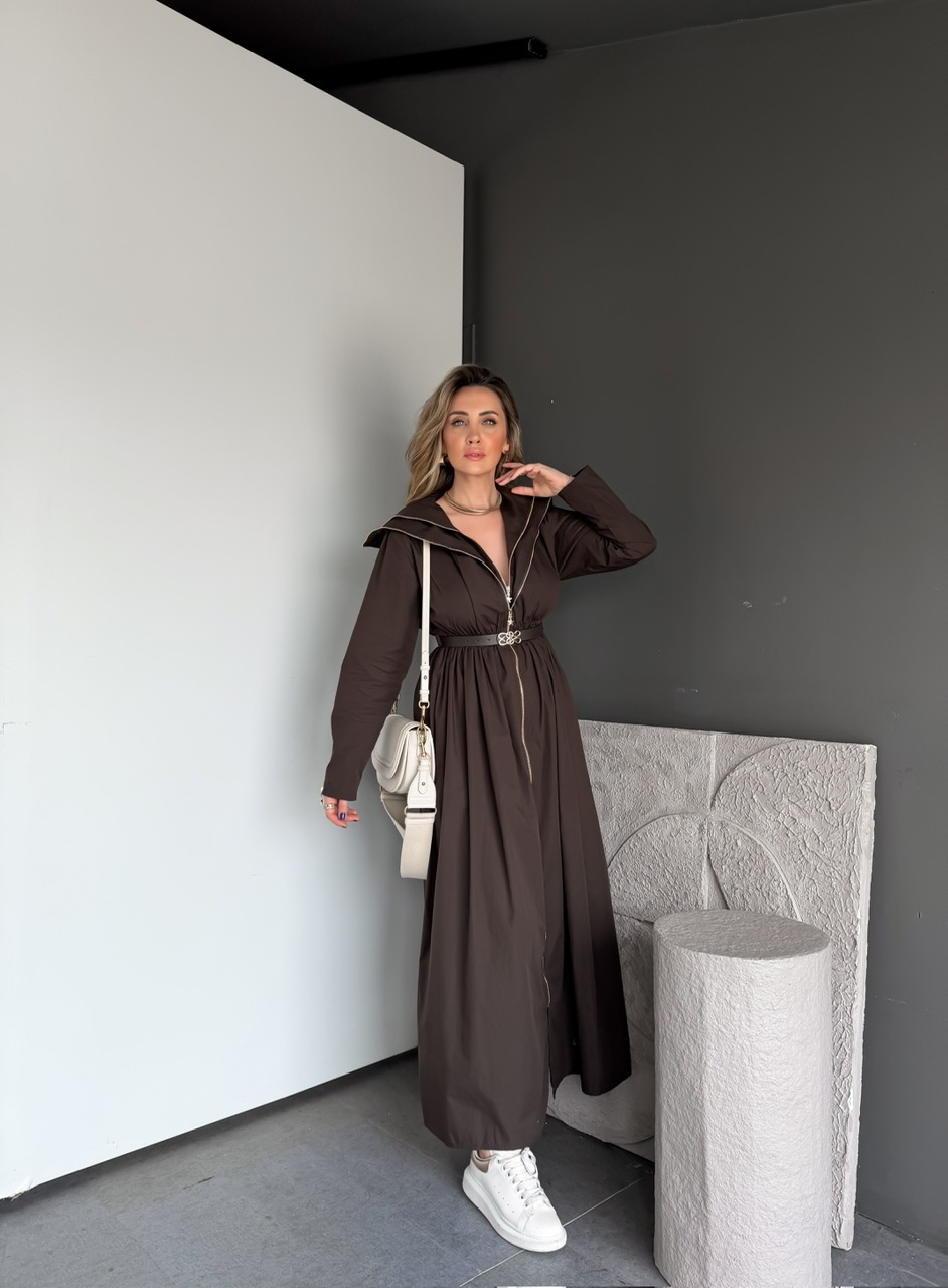 Kahve Çift Fermuarlı Kemerli Elbise