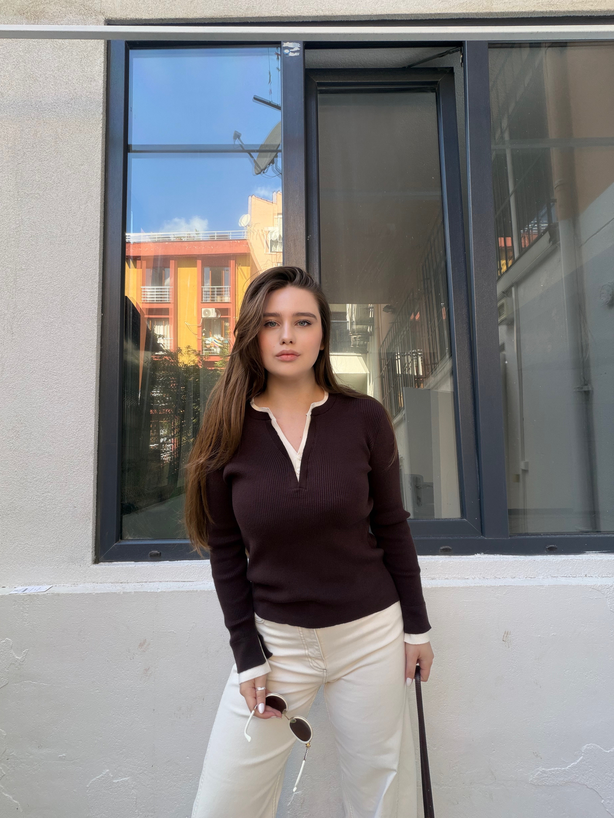 Kahve Çift Yakalı Kazak 