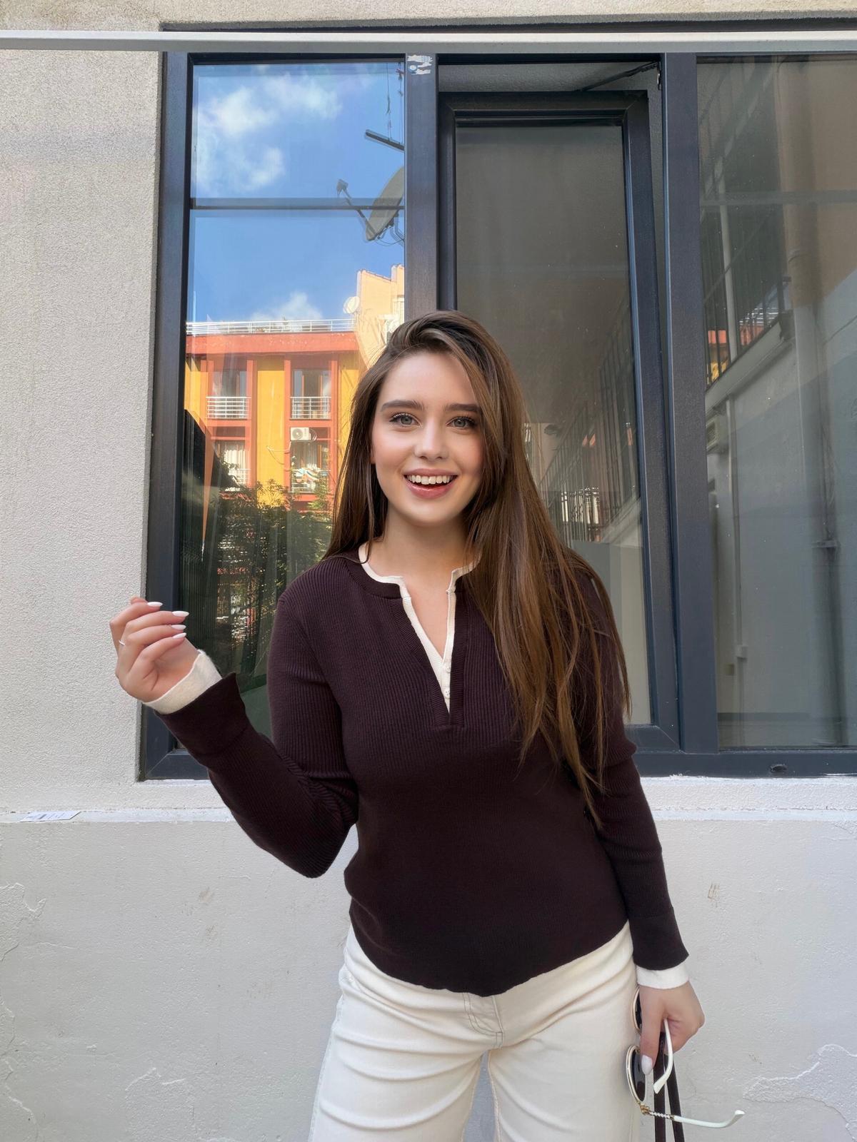Kahve Çift Yakalı Kazak 