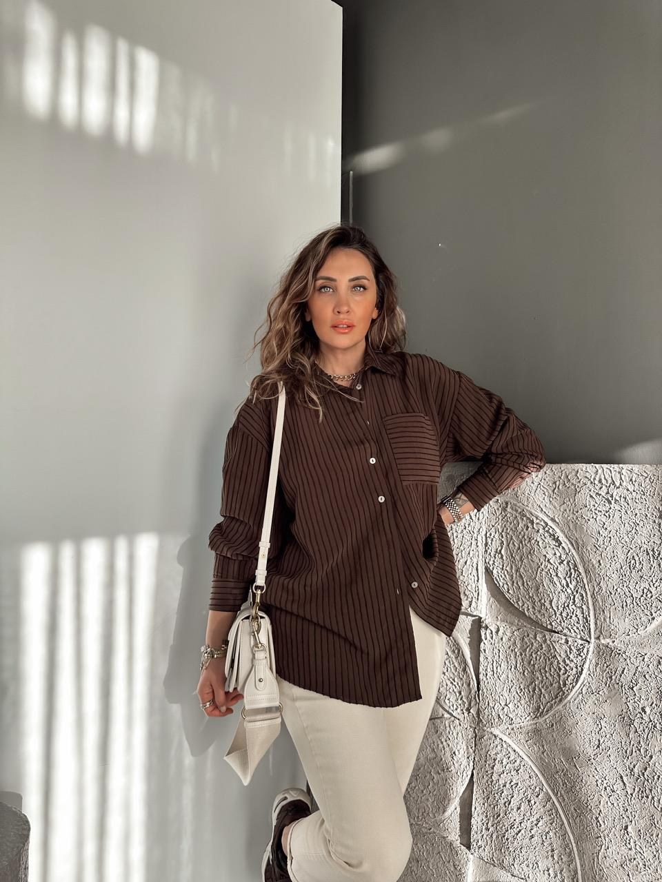 Kahve Çizgi Dokulu Oversize Gömlek