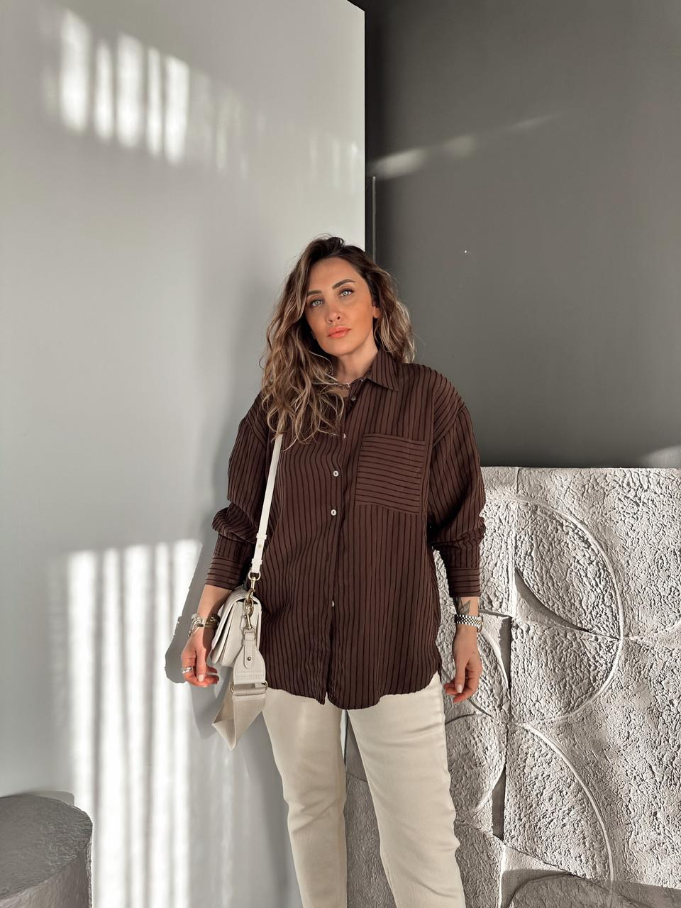 Kahve Çizgi Dokulu Oversize Gömlek