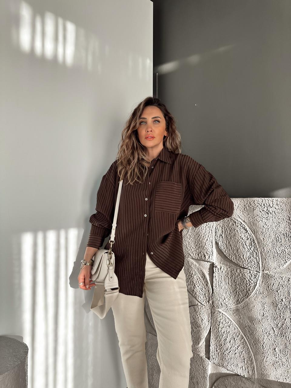 Kahve Çizgi Dokulu Oversize Gömlek