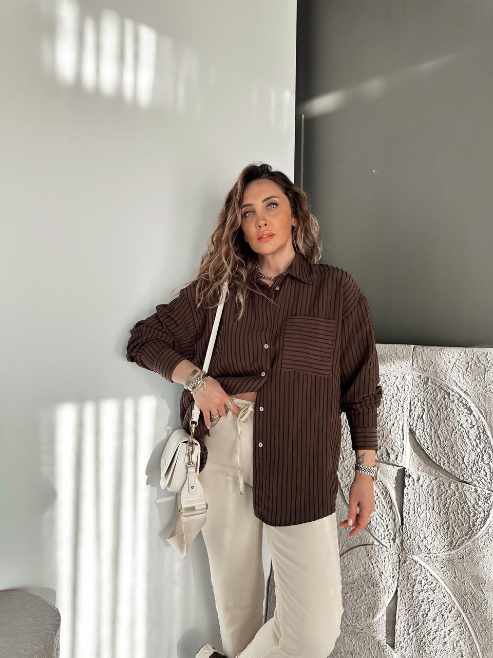 Kahve Çizgi Dokulu Oversize Gömlek
