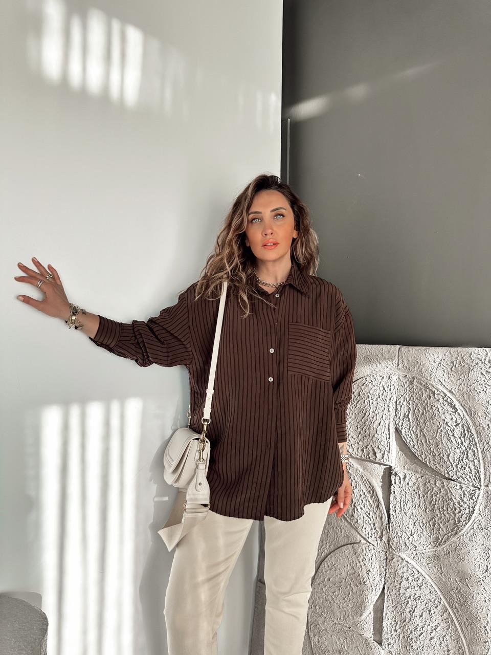 Kahve Çizgi Dokulu Oversize Gömlek