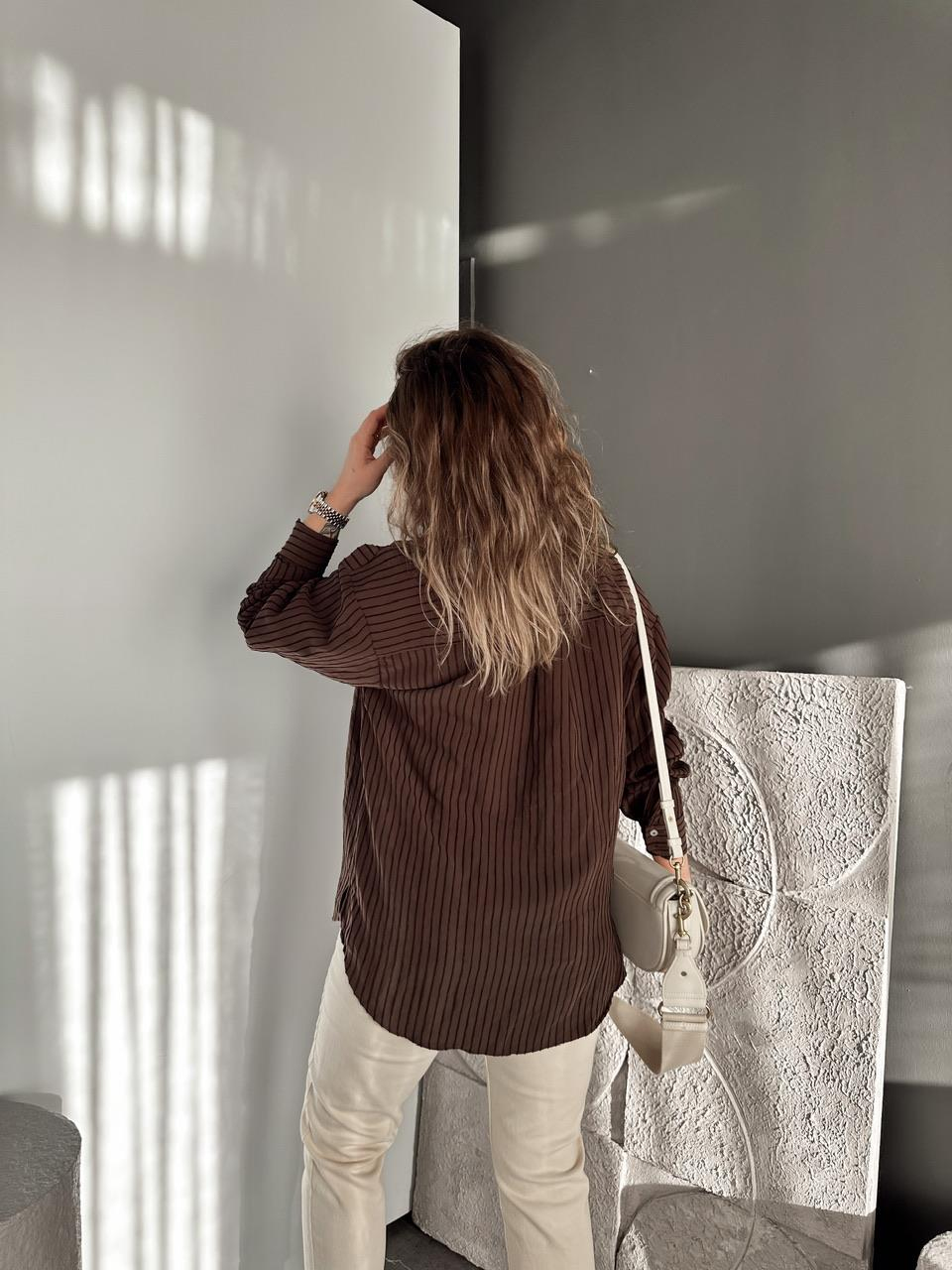 Kahve Çizgi Dokulu Oversize Gömlek