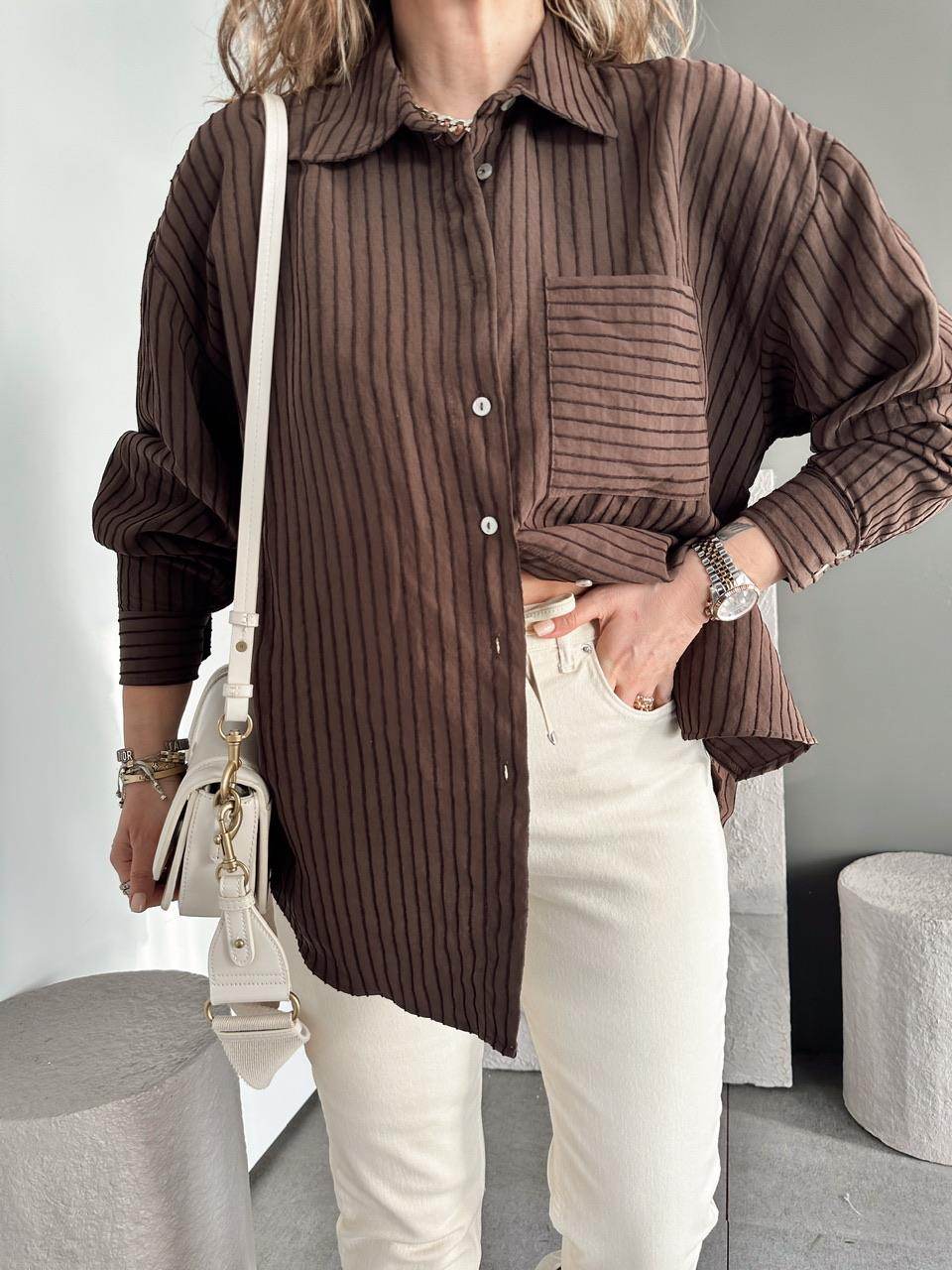 Kahve Çizgi Dokulu Oversize Gömlek