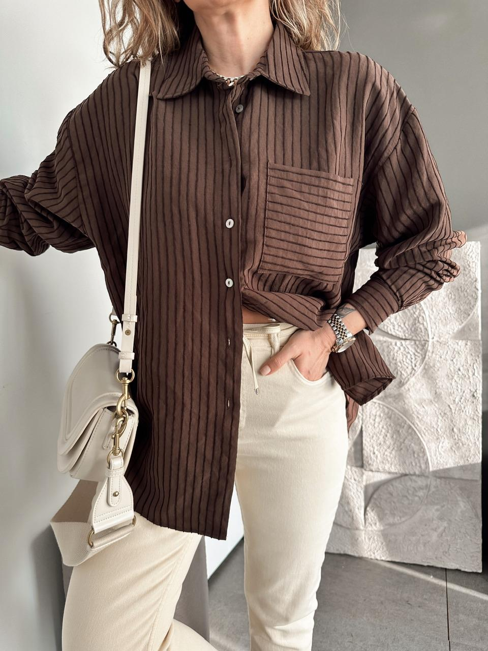 Kahve Çizgi Dokulu Oversize Gömlek