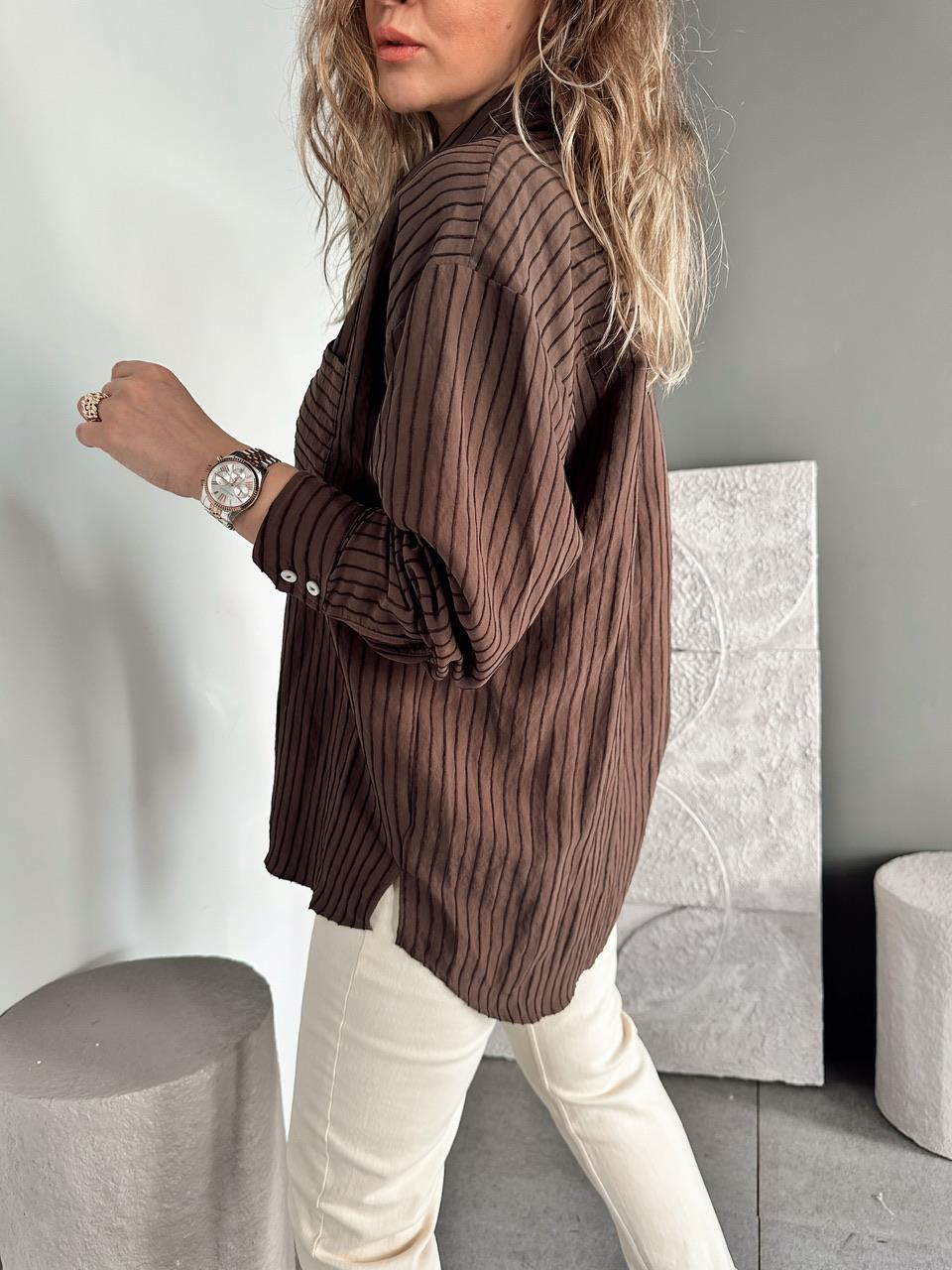 Kahve Çizgi Dokulu Oversize Gömlek