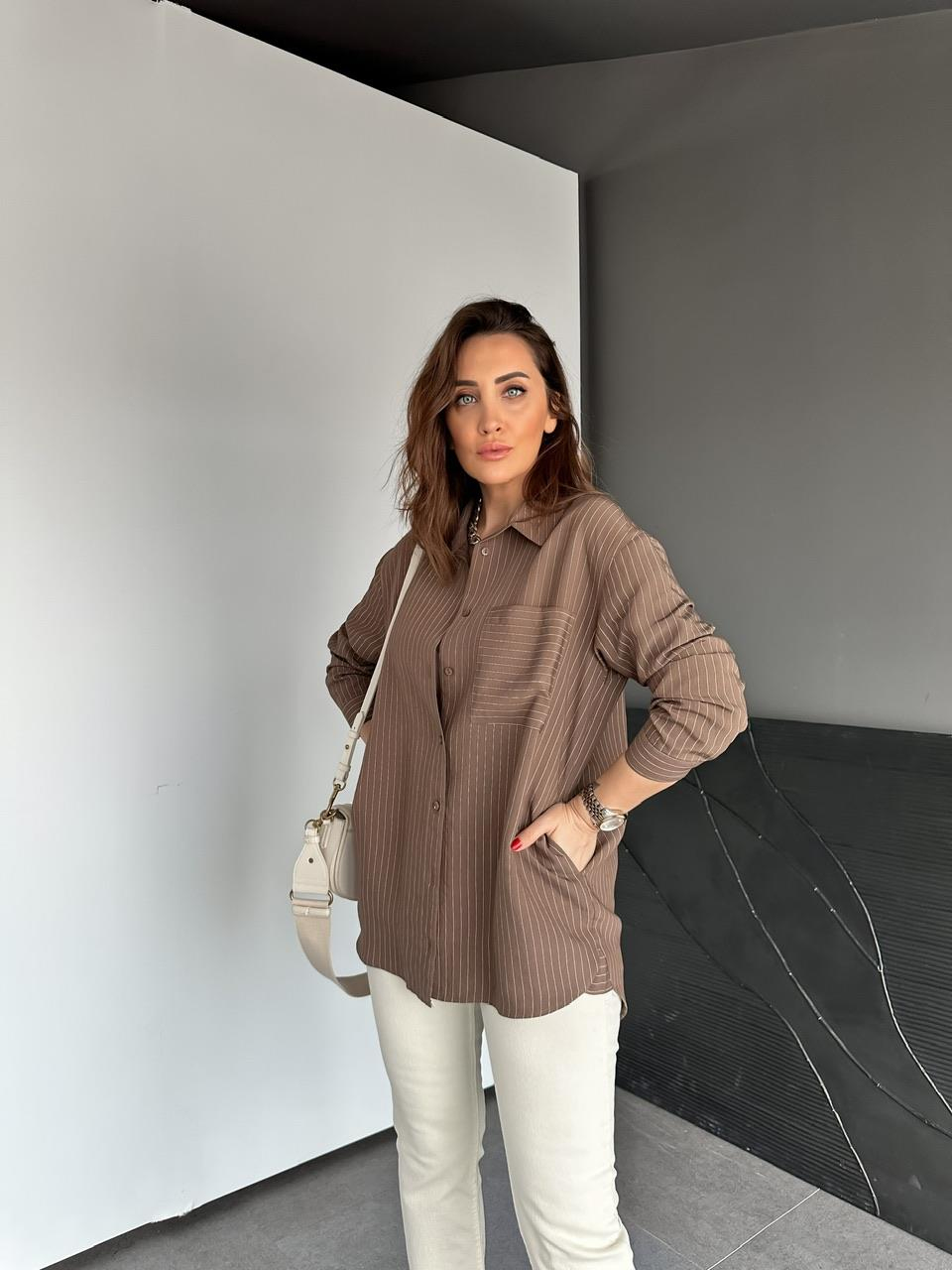 Kahve Çizgili Cepli Basic Gömlek