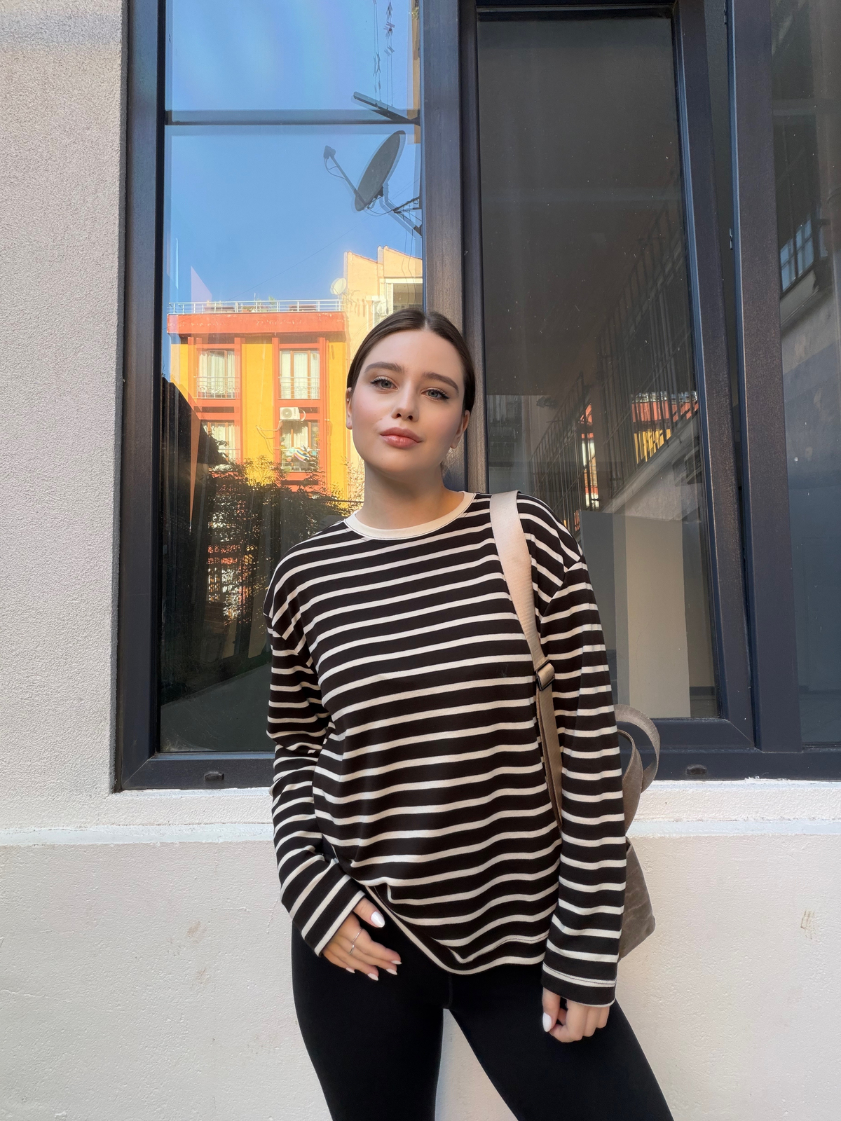 Kahve Çizgili Cotton Oversize T-Shirt