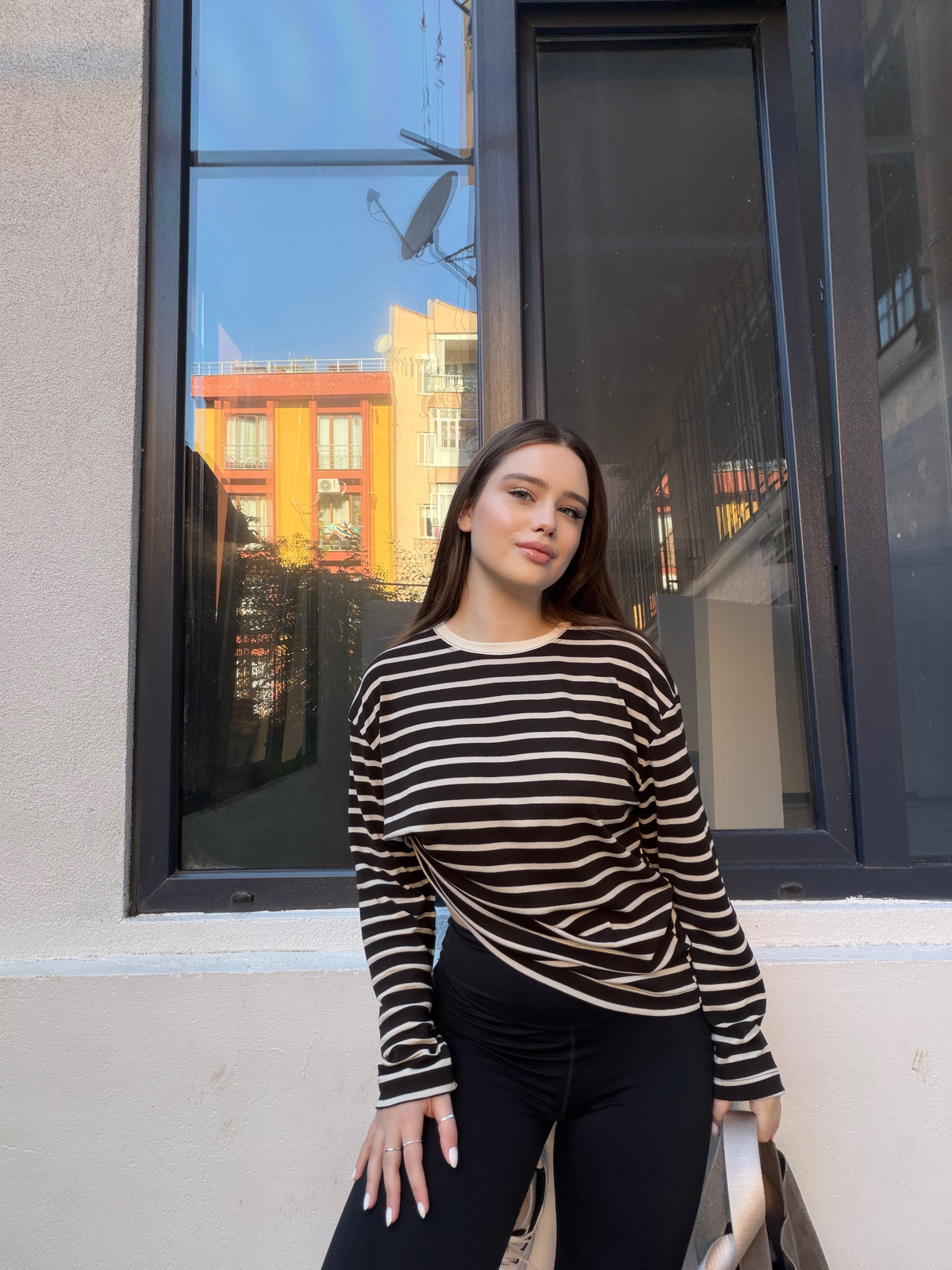 Kahve Çizgili Cotton Oversize T-Shirt