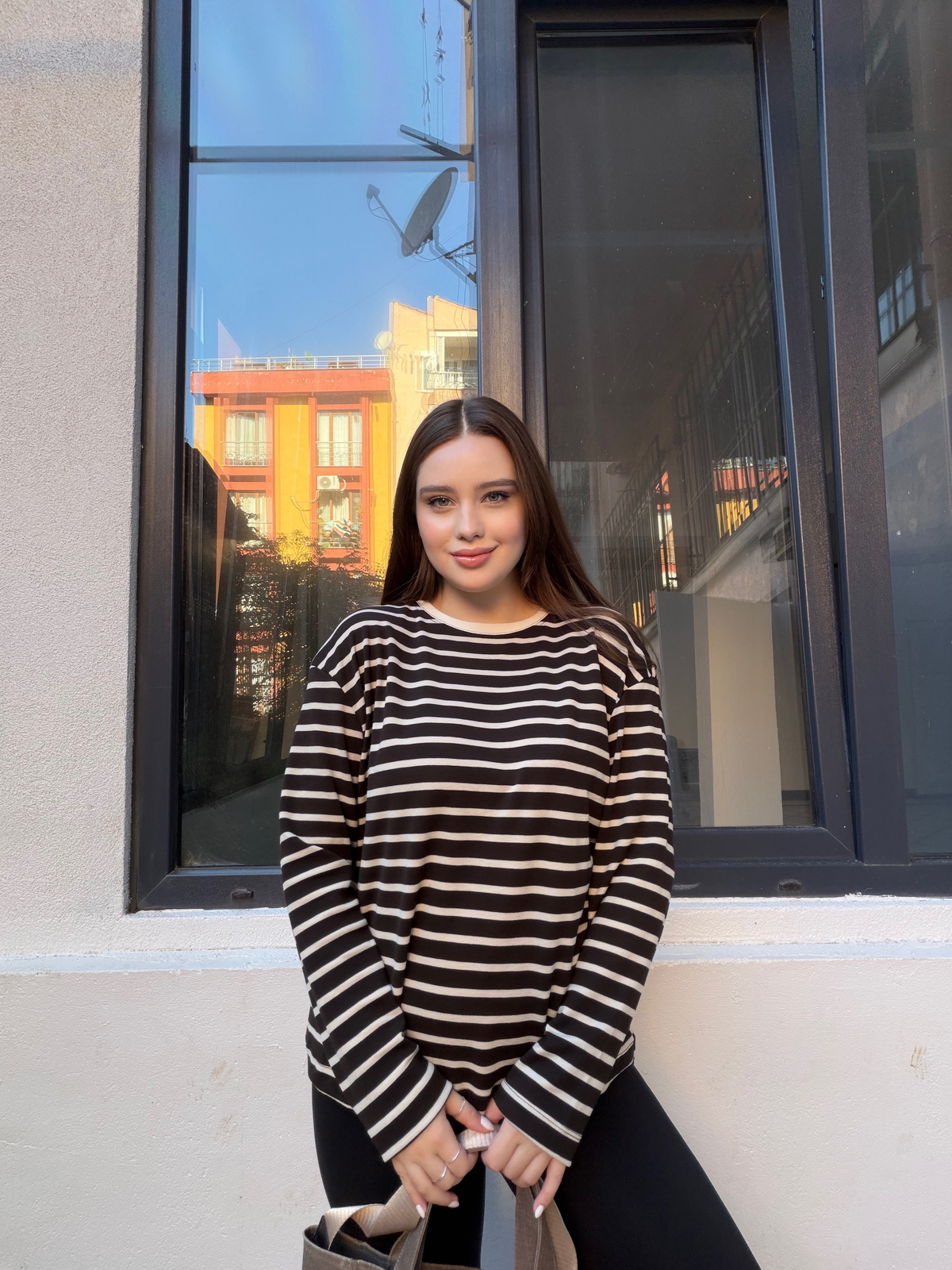 Kahve Çizgili Cotton Oversize T-Shirt