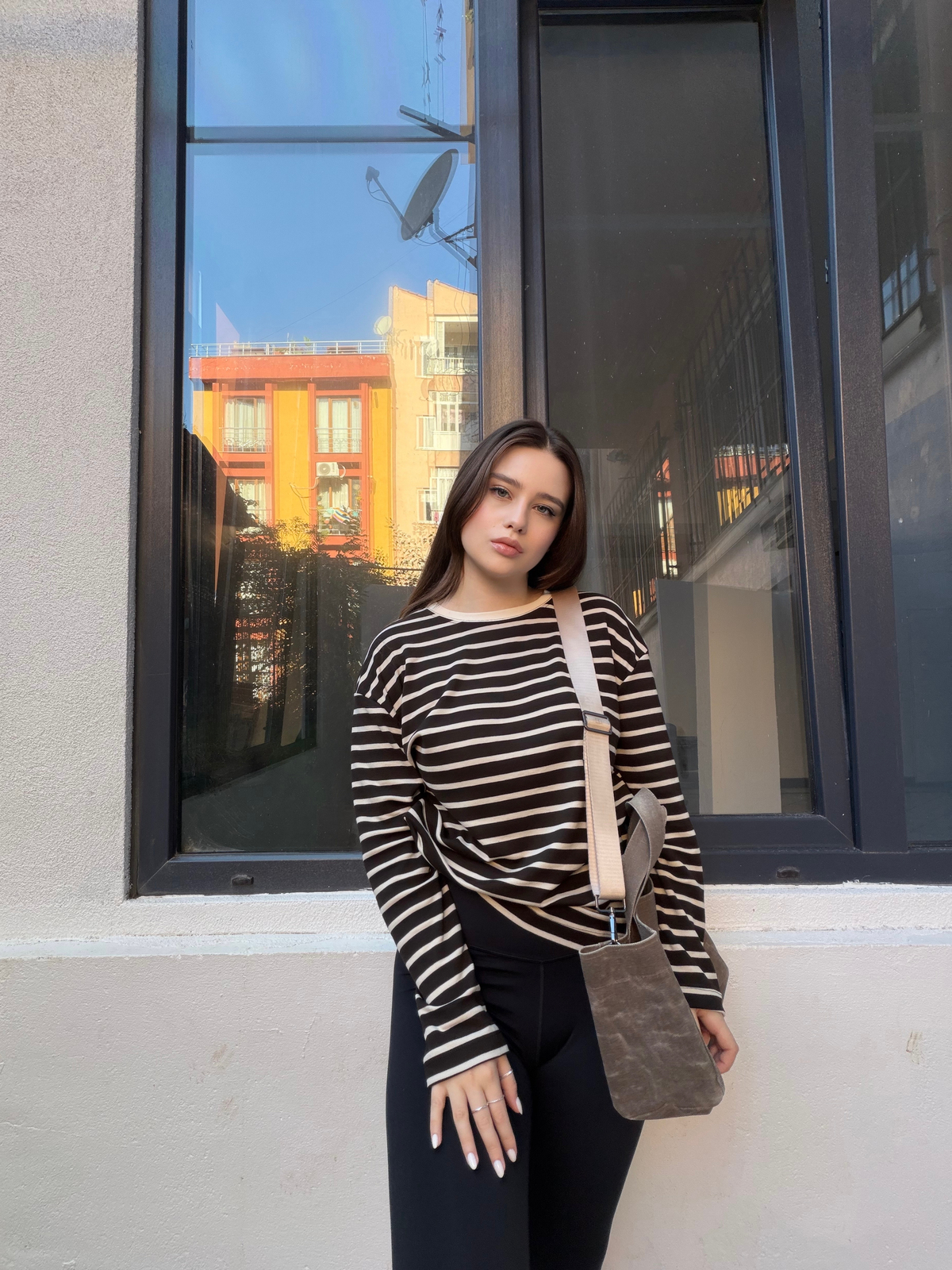 Kahve Çizgili Cotton Oversize T-Shirt