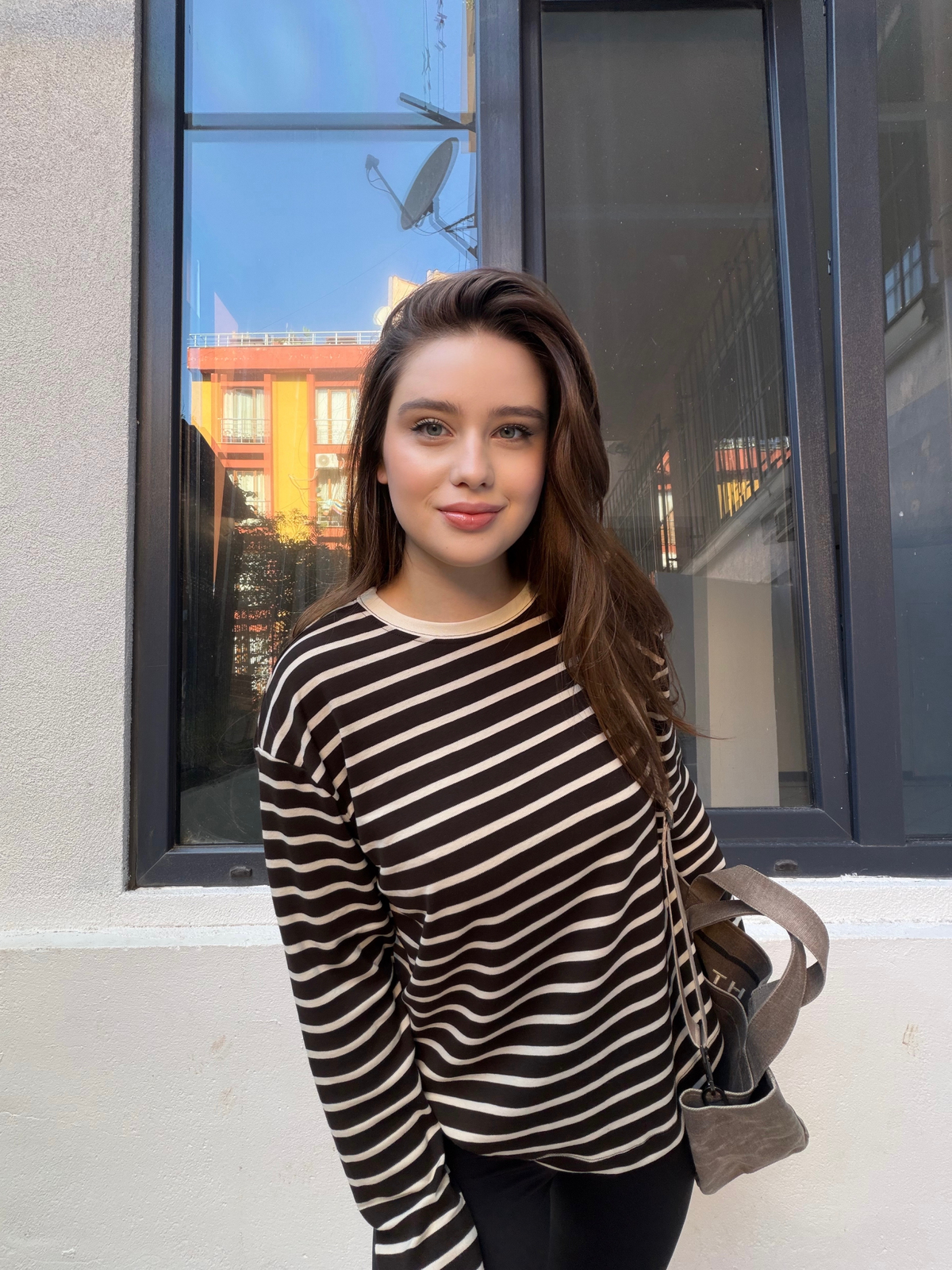 Kahve Çizgili Cotton Oversize T-Shirt