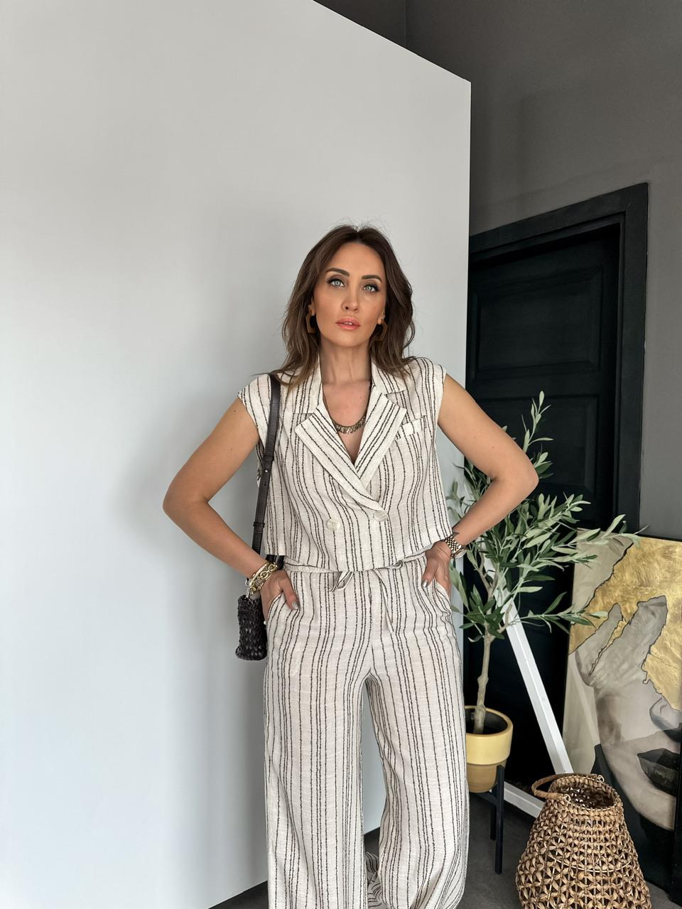 Kahve Çizgili Dokulu Keten Takım