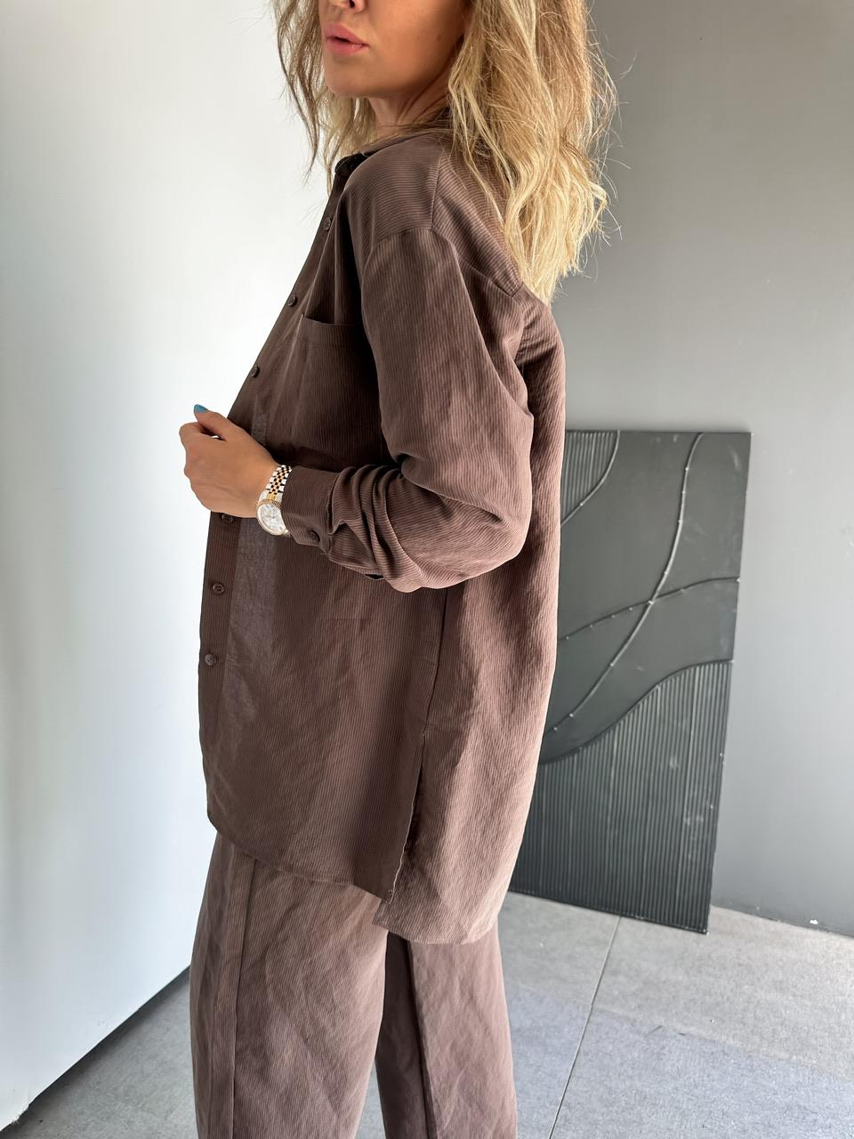 Kahve Çizgili Gömlek Pantolon Soft Takım