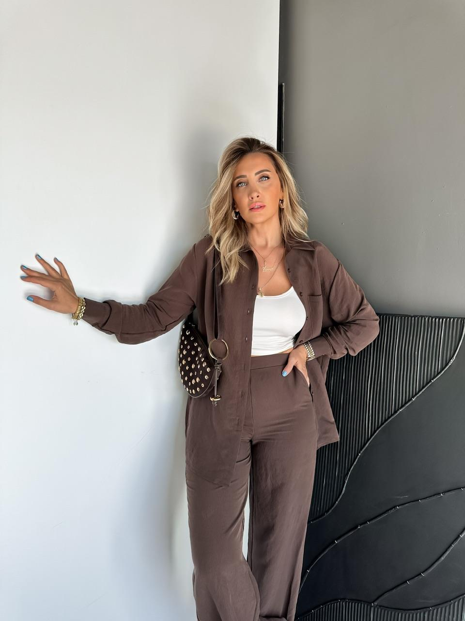 Kahve Çizgili Gömlek Pantolon Soft Takım