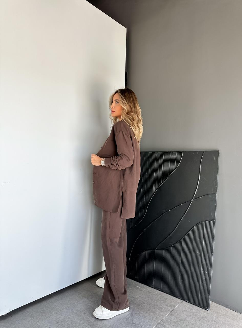 Kahve Çizgili Gömlek Pantolon Soft Takım