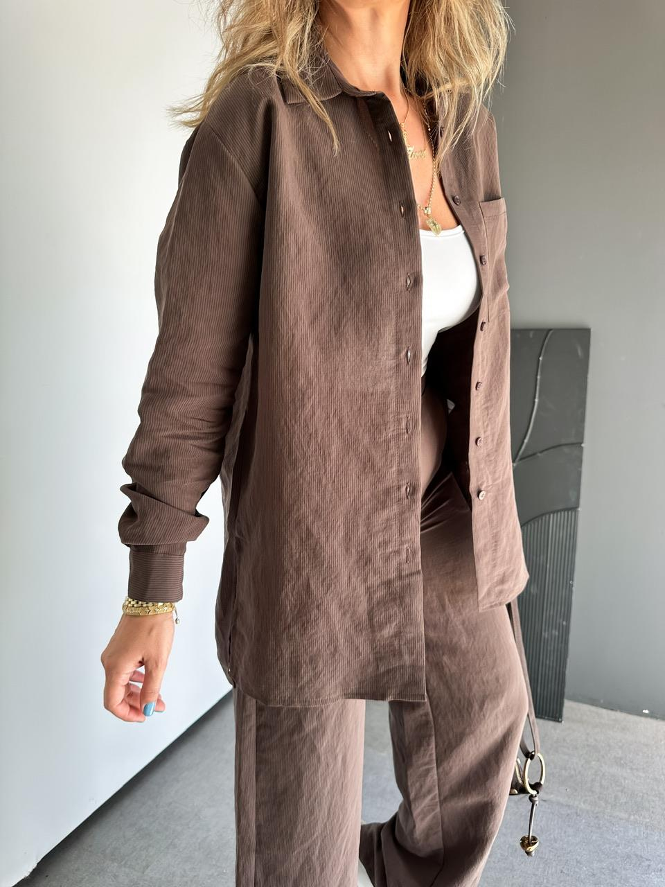 Kahve Çizgili Gömlek Pantolon Soft Takım