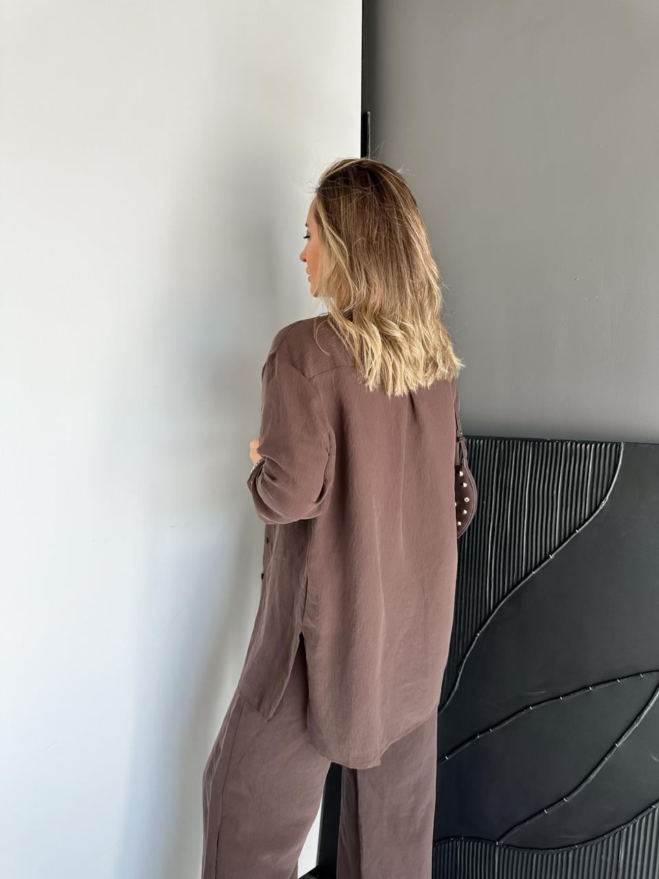 Kahve Çizgili Gömlek Pantolon Soft Takım