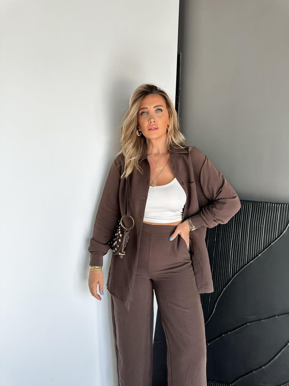 Kahve Çizgili Gömlek Pantolon Soft Takım