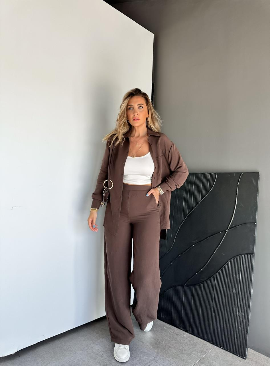 Kahve Çizgili Gömlek Pantolon Soft Takım