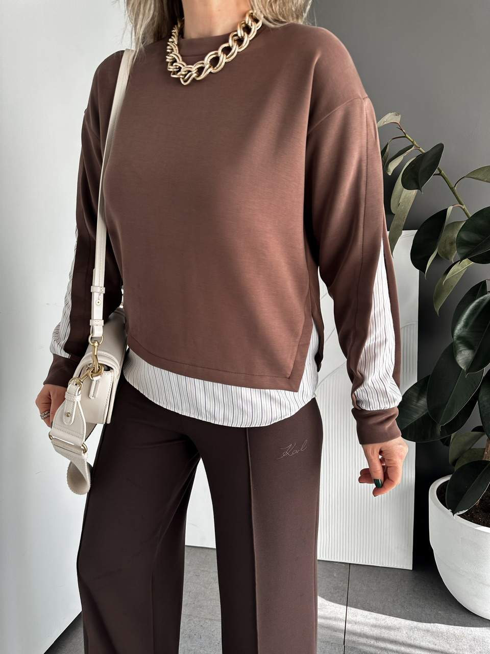 Kahve Çizgili Gömlek Parçalı Tasarım Sweatshirt