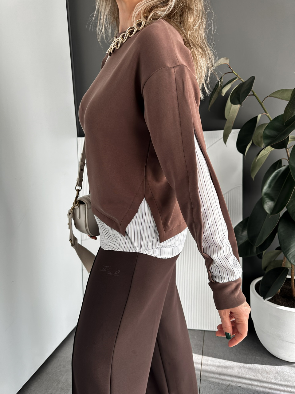 Kahve Çizgili Gömlek Parçalı Tasarım Sweatshirt