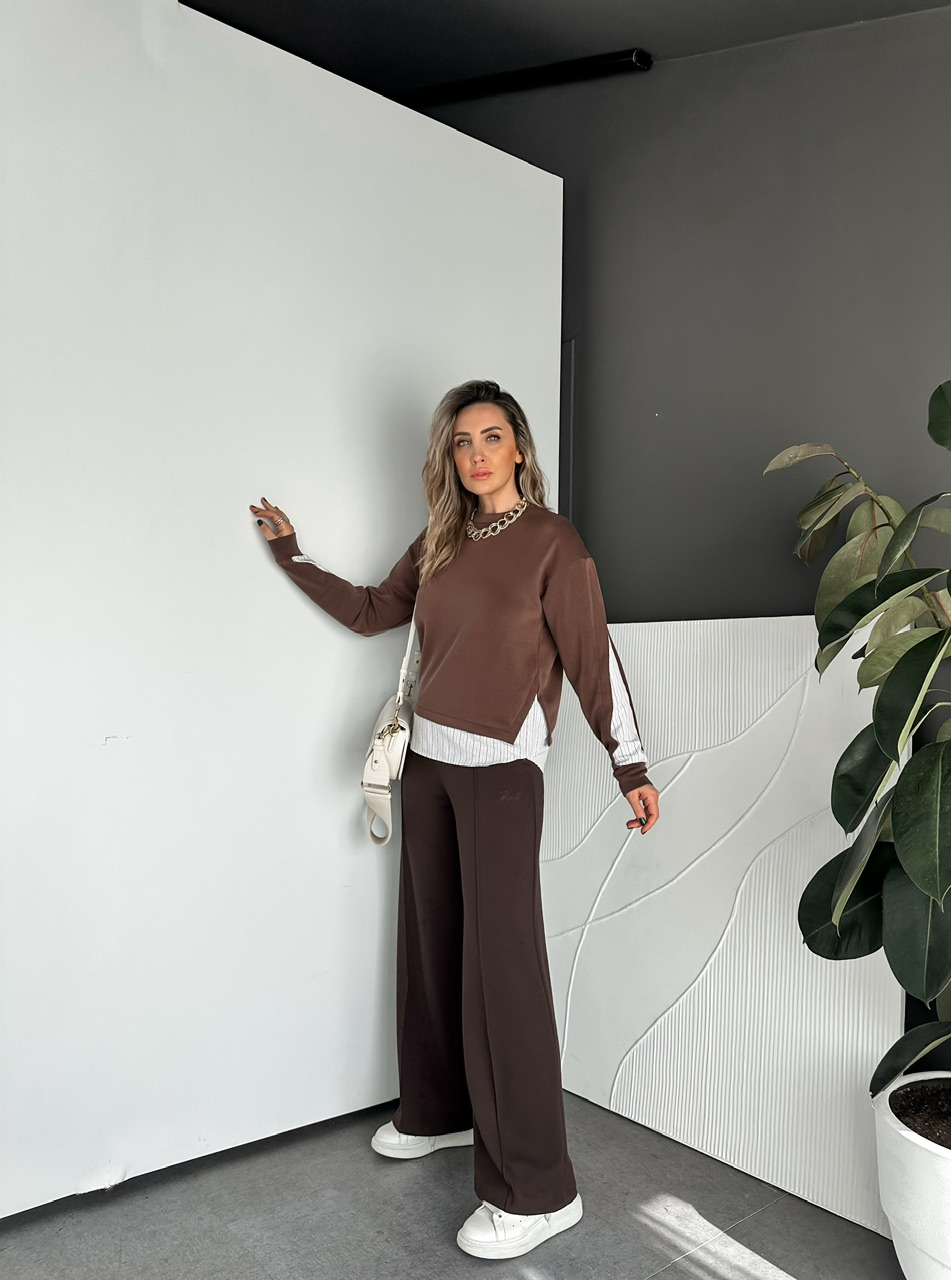 Kahve Çizgili Gömlek Parçalı Tasarım Sweatshirt