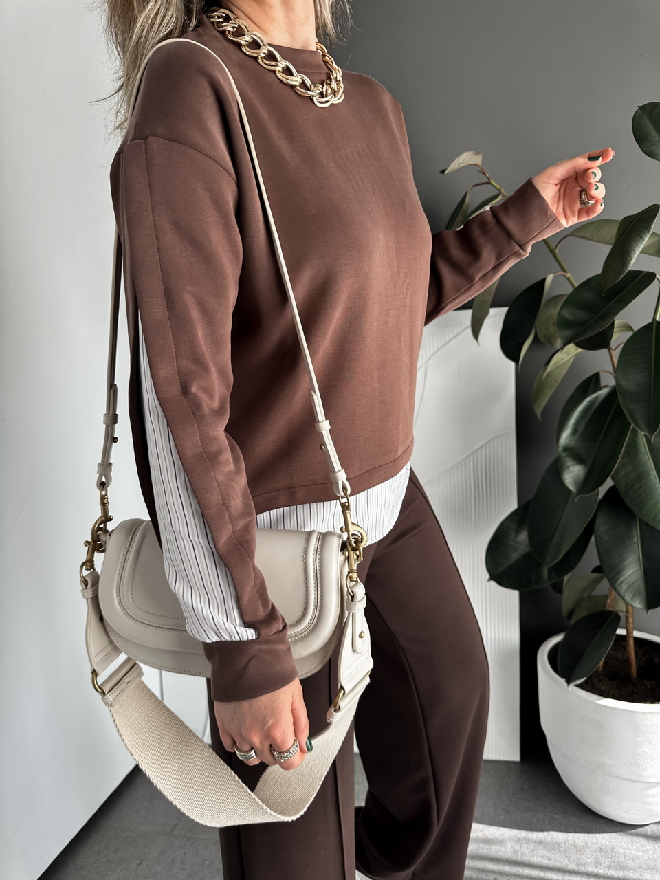 Kahve Çizgili Gömlek Parçalı Tasarım Sweatshirt