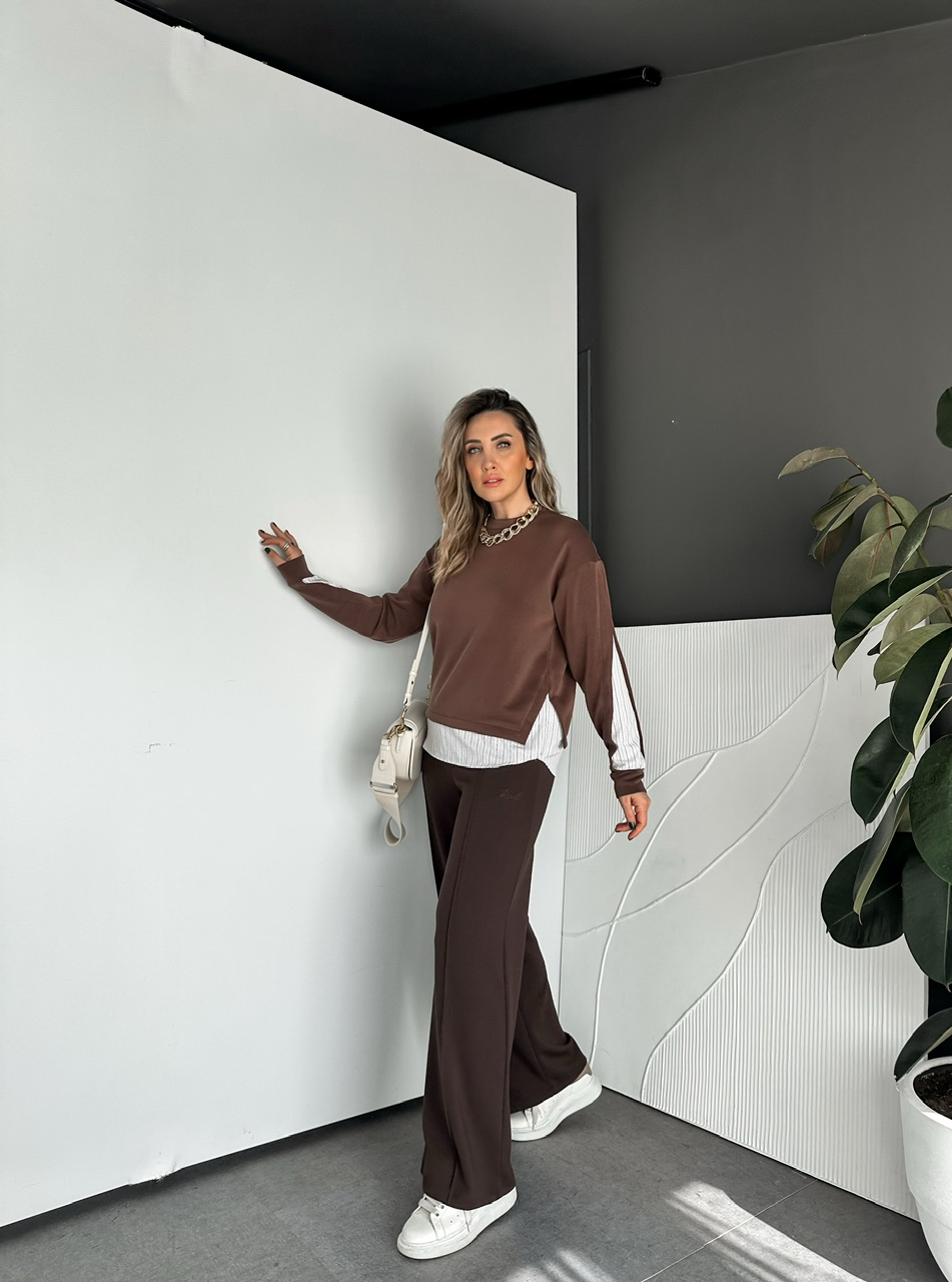 Kahve Çizgili Gömlek Parçalı Tasarım Sweatshirt