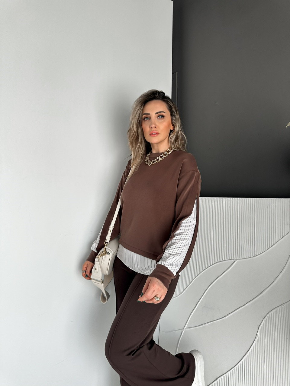Kahve Çizgili Gömlek Parçalı Tasarım Sweatshirt