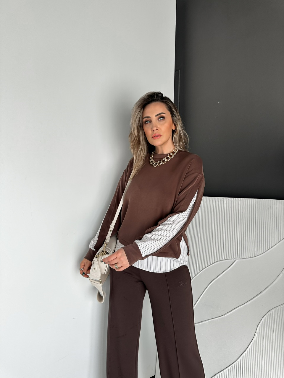 Kahve Çizgili Gömlek Parçalı Tasarım Sweatshirt
