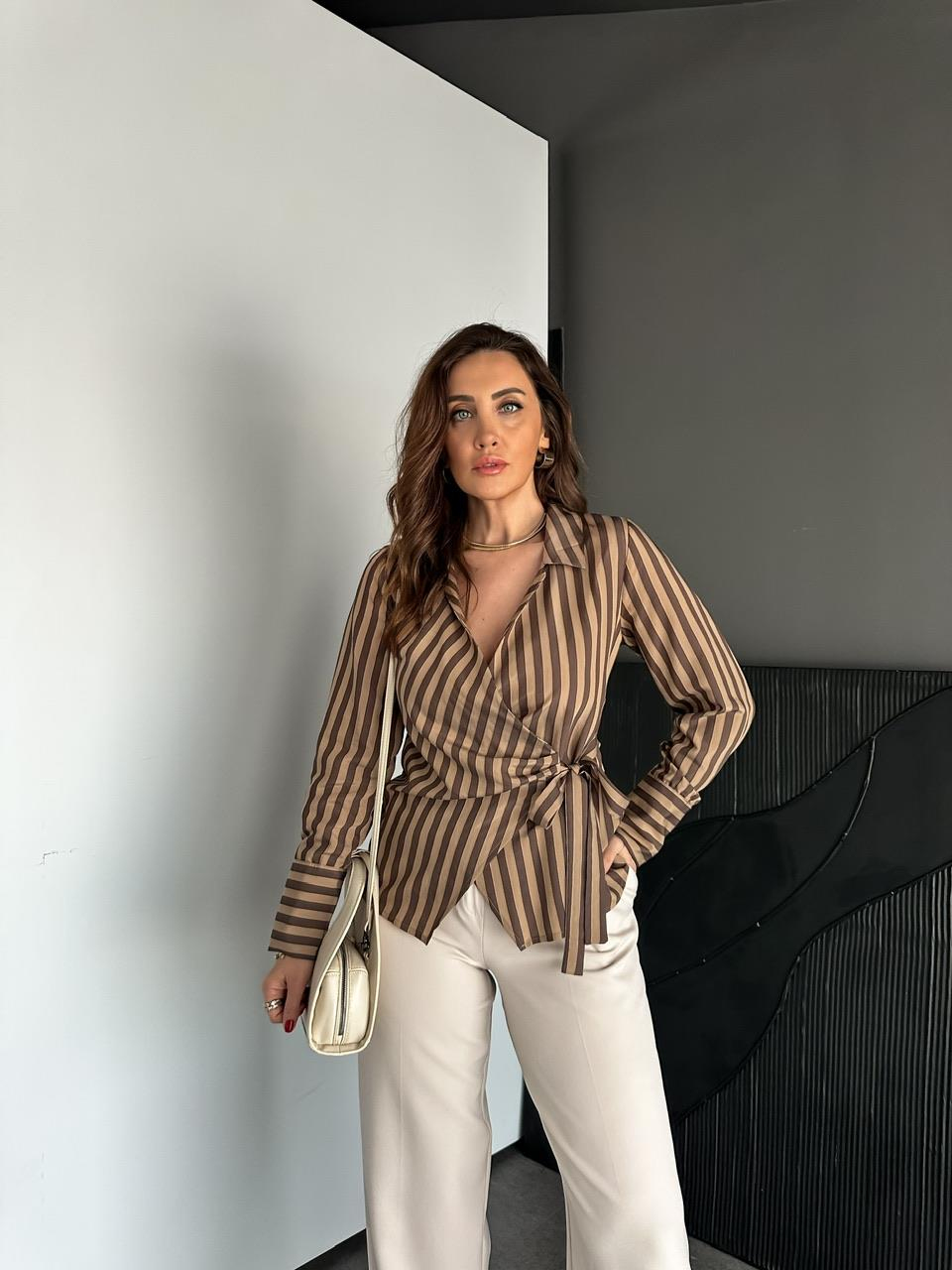 Kahve Çizgili Kruvaze Bağlamalı Gömlek