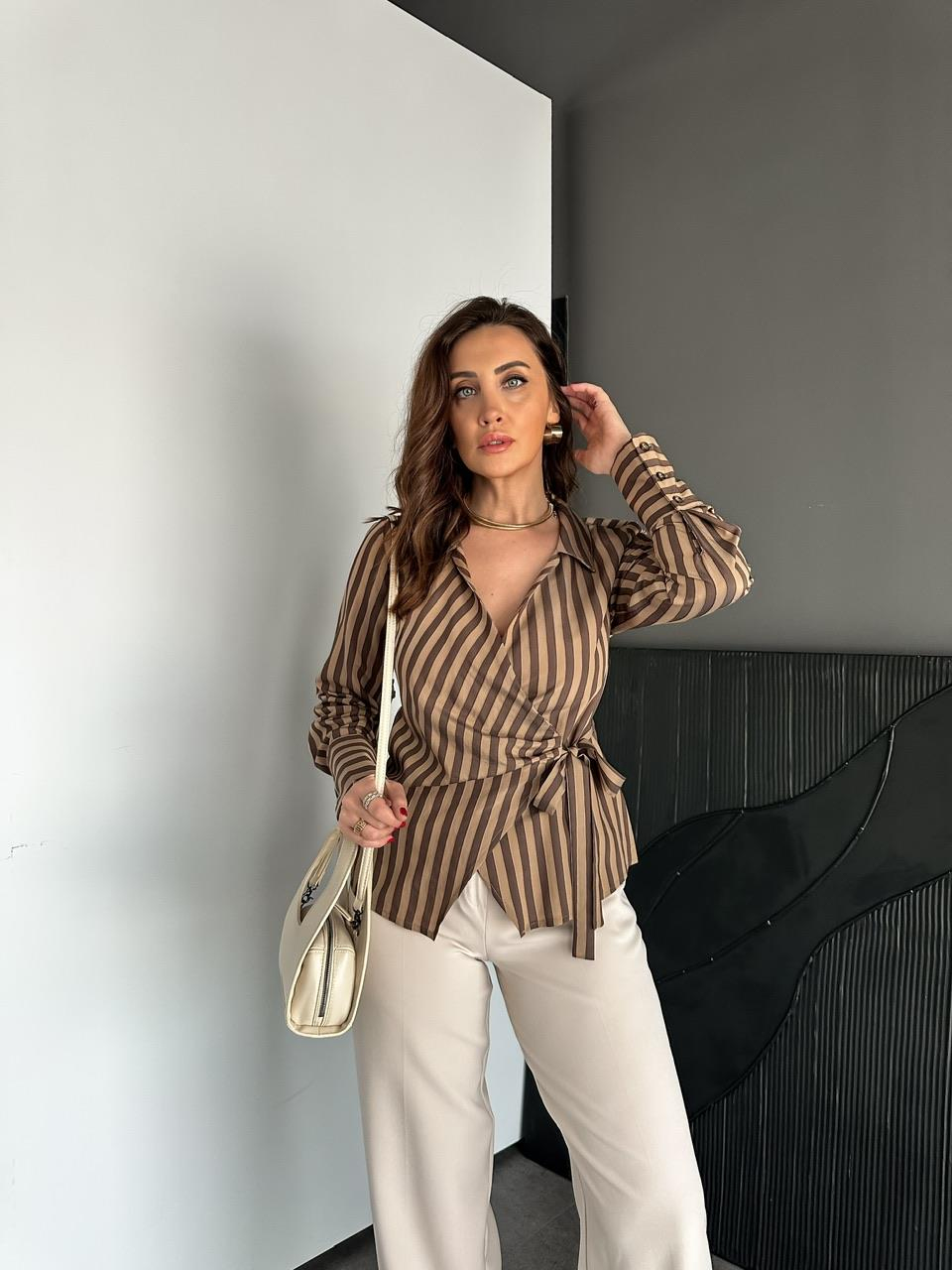 Kahve Çizgili Kruvaze Bağlamalı Gömlek