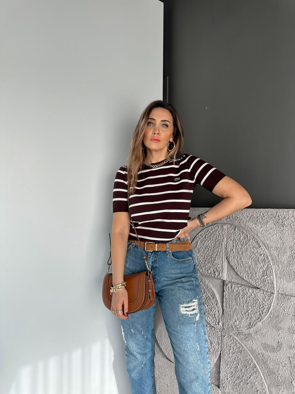 Kahve Çizgili Logolu Kısa Kollu Triko