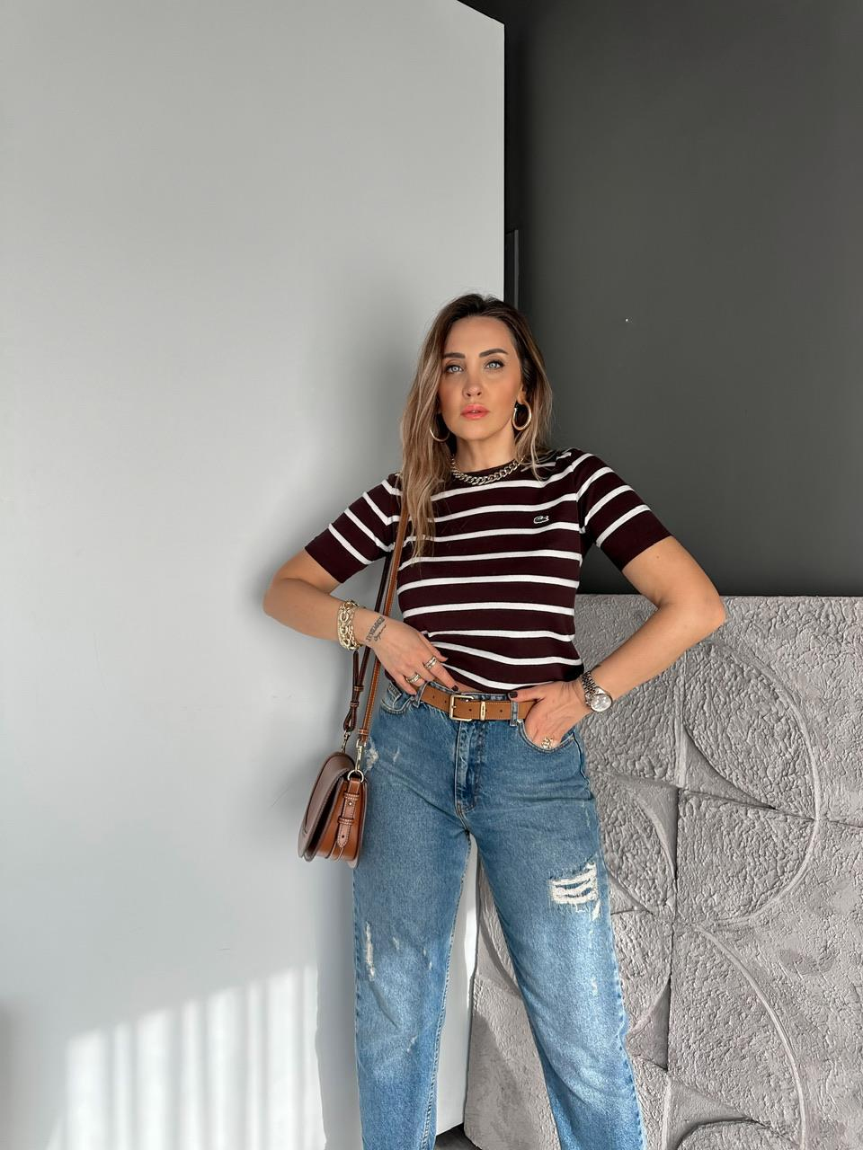 Kahve Çizgili Logolu Kısa Kollu Triko