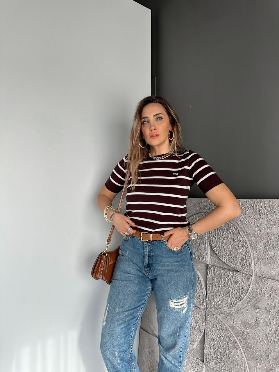Kahve Çizgili Logolu Kısa Kollu Triko