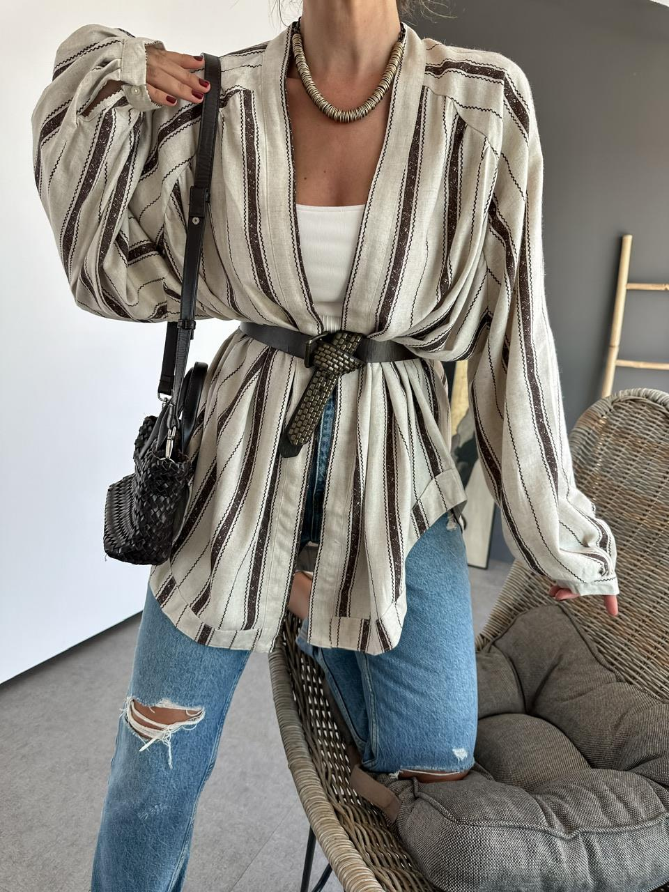 Kahve çizgili Organic Keten Kimono