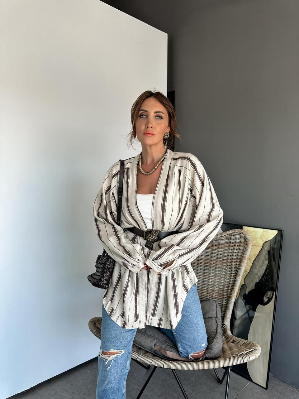 Kahve çizgili Organic Keten Kimono
