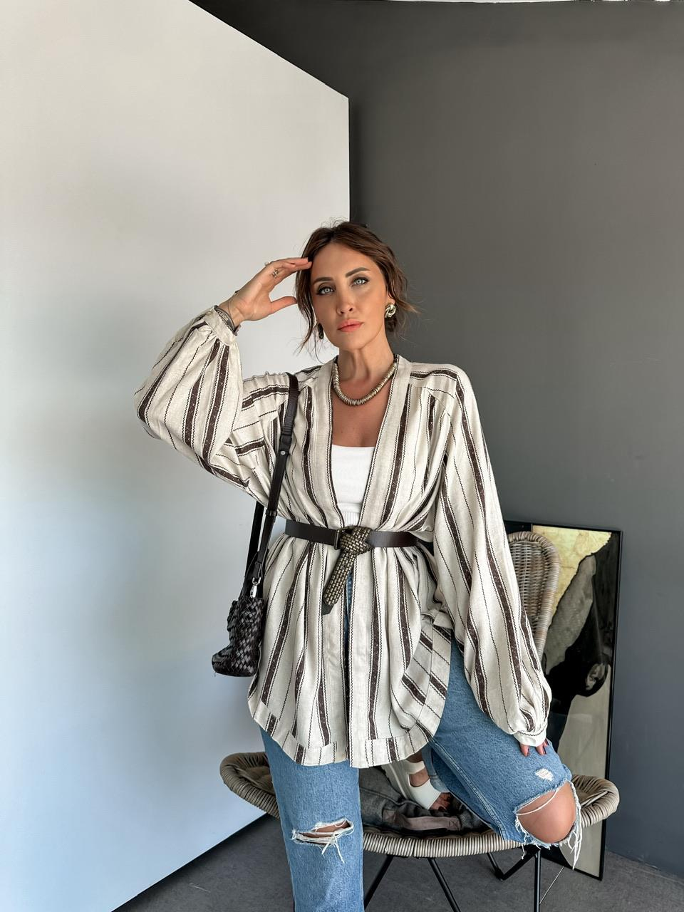Kahve çizgili Organic Keten Kimono
