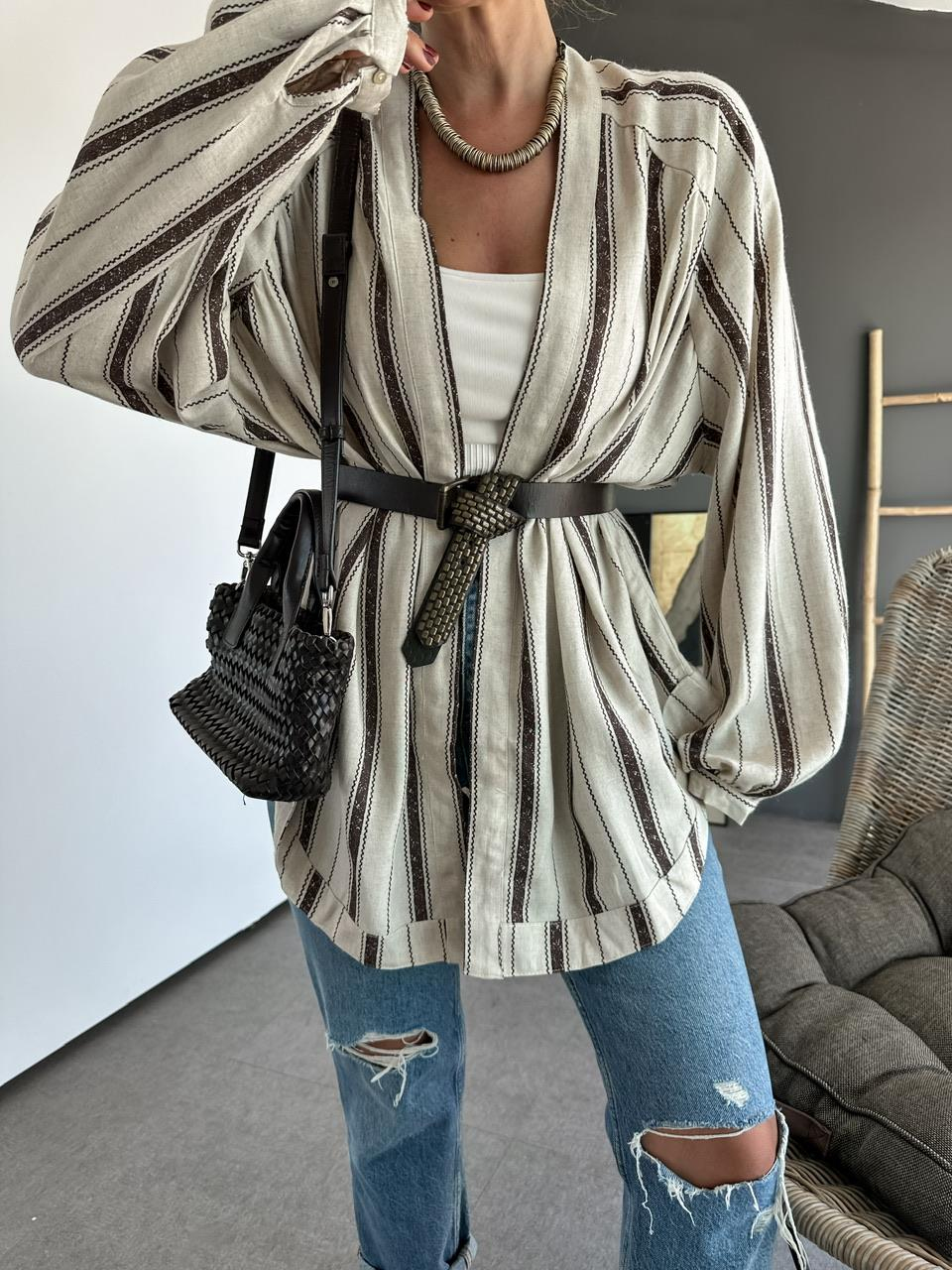Kahve çizgili Organic Keten Kimono