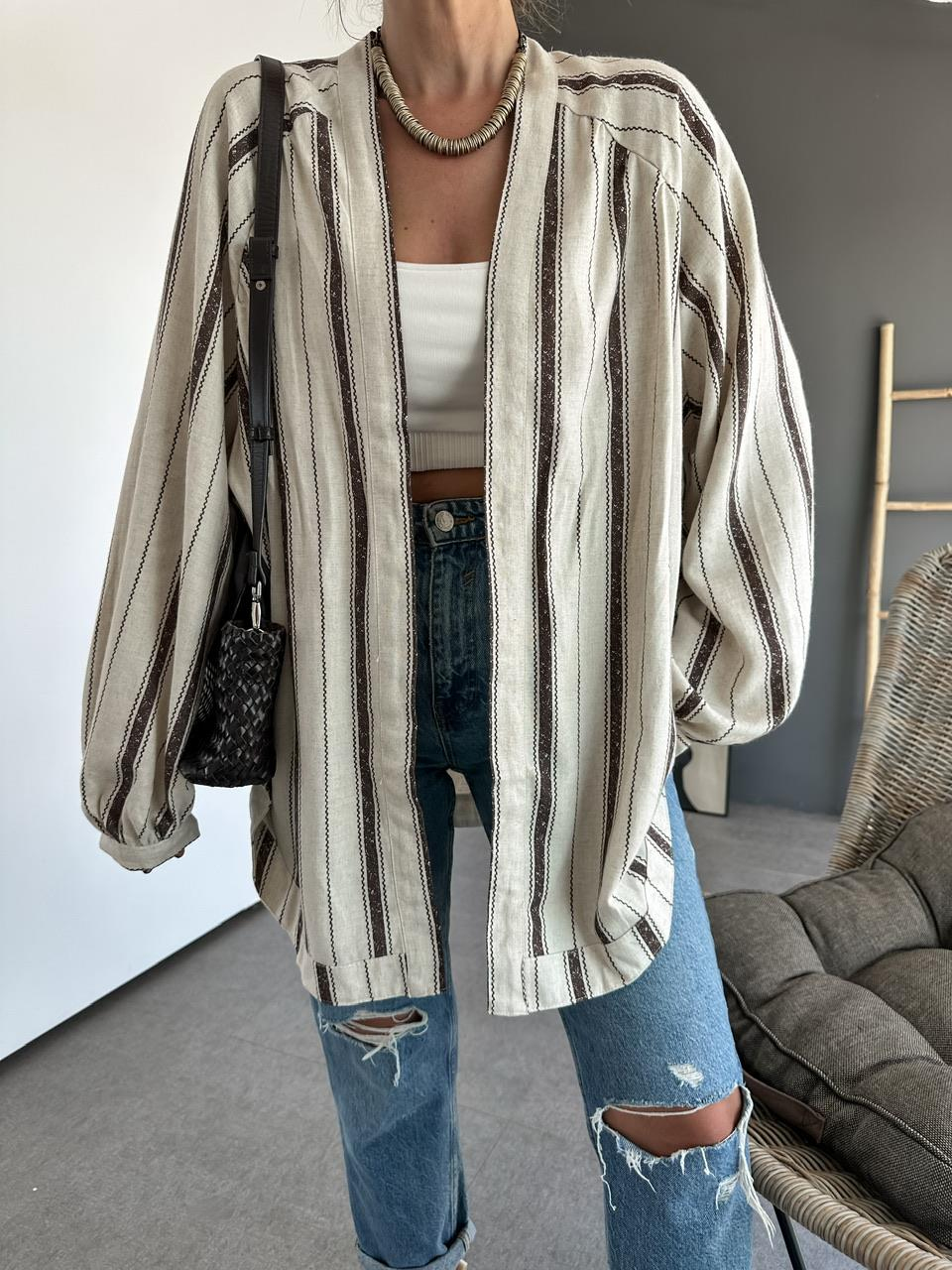 Kahve çizgili Organic Keten Kimono