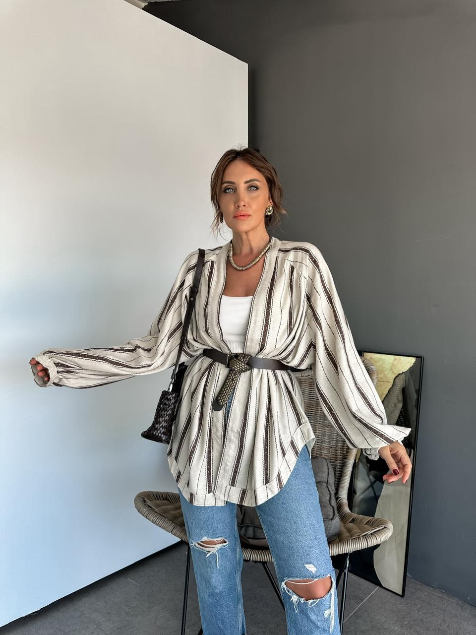 Kahve çizgili Organic Keten Kimono