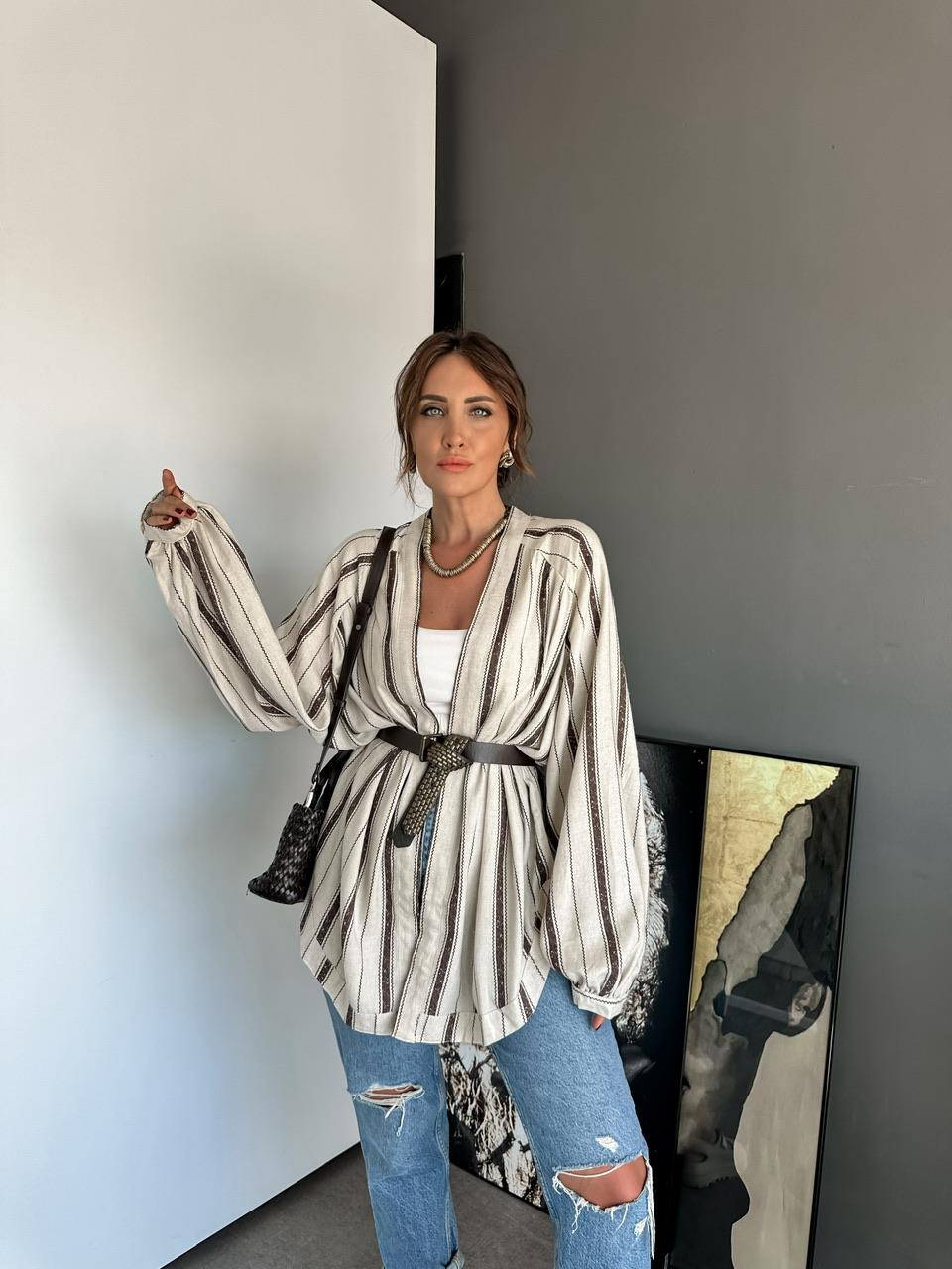 Kahve çizgili Organic Keten Kimono
