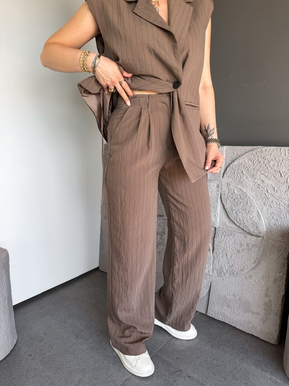 Kahve Çizgili Premium Takım
