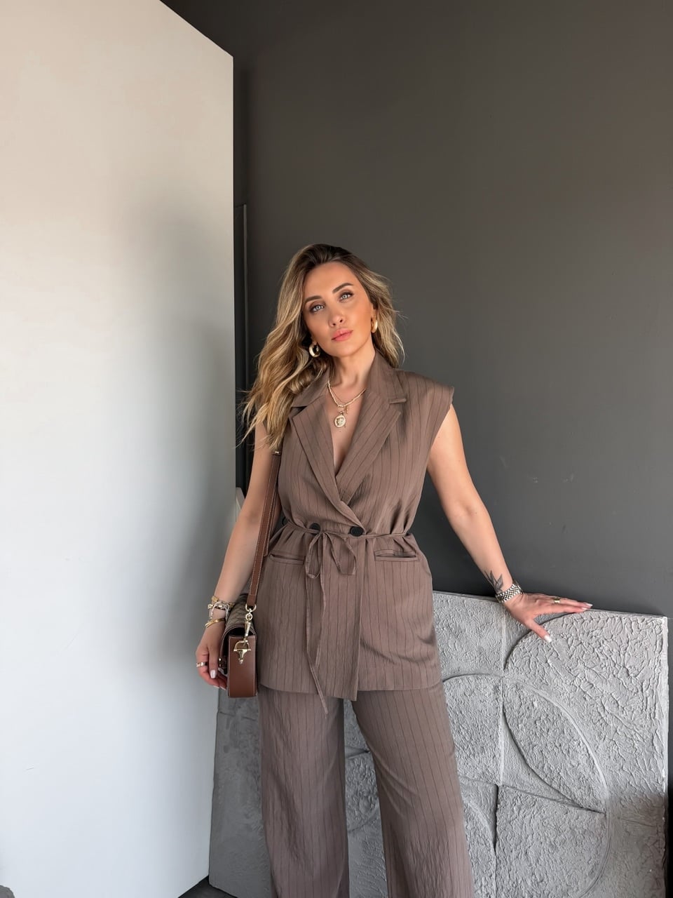 Kahve Çizgili Premium Takım