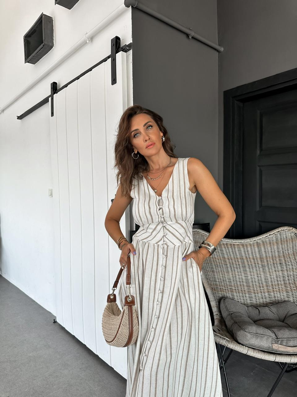 Kahve Çizgili Top Düğmeli Elbise